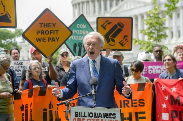 Sen. Ed Markey, D-Mass., speaks during a news conference regarding the pending passage of the One Big Beautiful Bill Act at the Capitol, Tuesday, June 3, 2025, in Washington. (AP Photo/Rod Lamkey, Jr.)