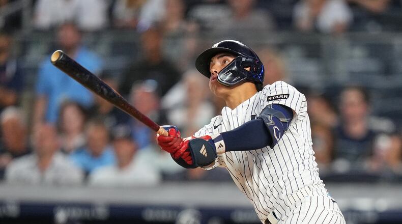 New York Yankees' George Lombard Jr. hits a home run during the fifth inning of a baseball game against the St. Louis Cardinals Tuesday, Aug. 4, 2026, in New York. (AP Photo/Frank Franklin II)