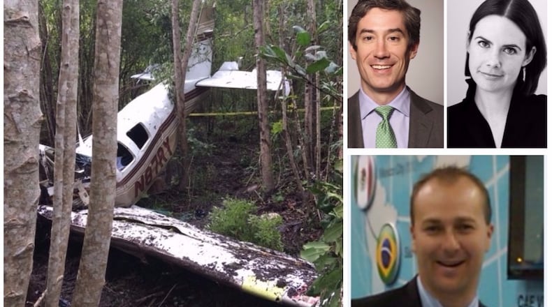 Tyrone pilot Randy Hunter (bottom right) along with Savannah couple (top right) Byron Cocke and wife Catherine Cocke died when the Beechcraft Bonanza they were in (left) crashed in Bryan County on Aug. 28, 2017.