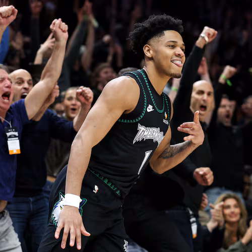 Minnesota Timberwolves guard Terrence Shannon Jr. (1) celebrates his three-point basket against the Denver Nuggets during the second half of Game 6 of a first-round NBA basketball playoffs series, Thursday, April 30, 2026, in Minneapolis. (AP Photo/Matt Krohn)