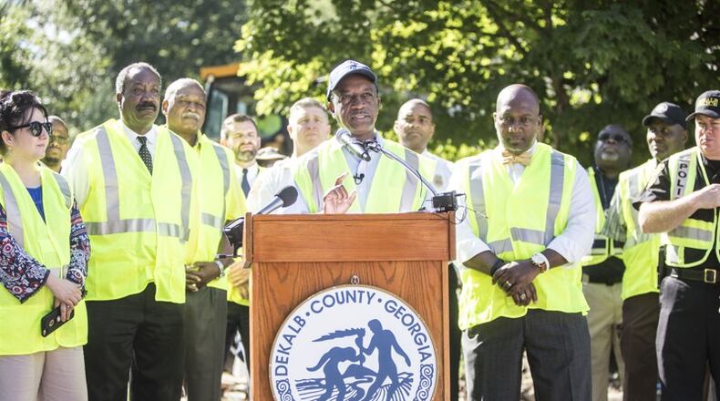 DeKalb County CEO Michael Thurmond announces the start of demolition for two buildings at Brannon Hill Condominiums with a news conference on Thursday, July 13. Chad Rhym/ Chad.Rhym@ajc.com