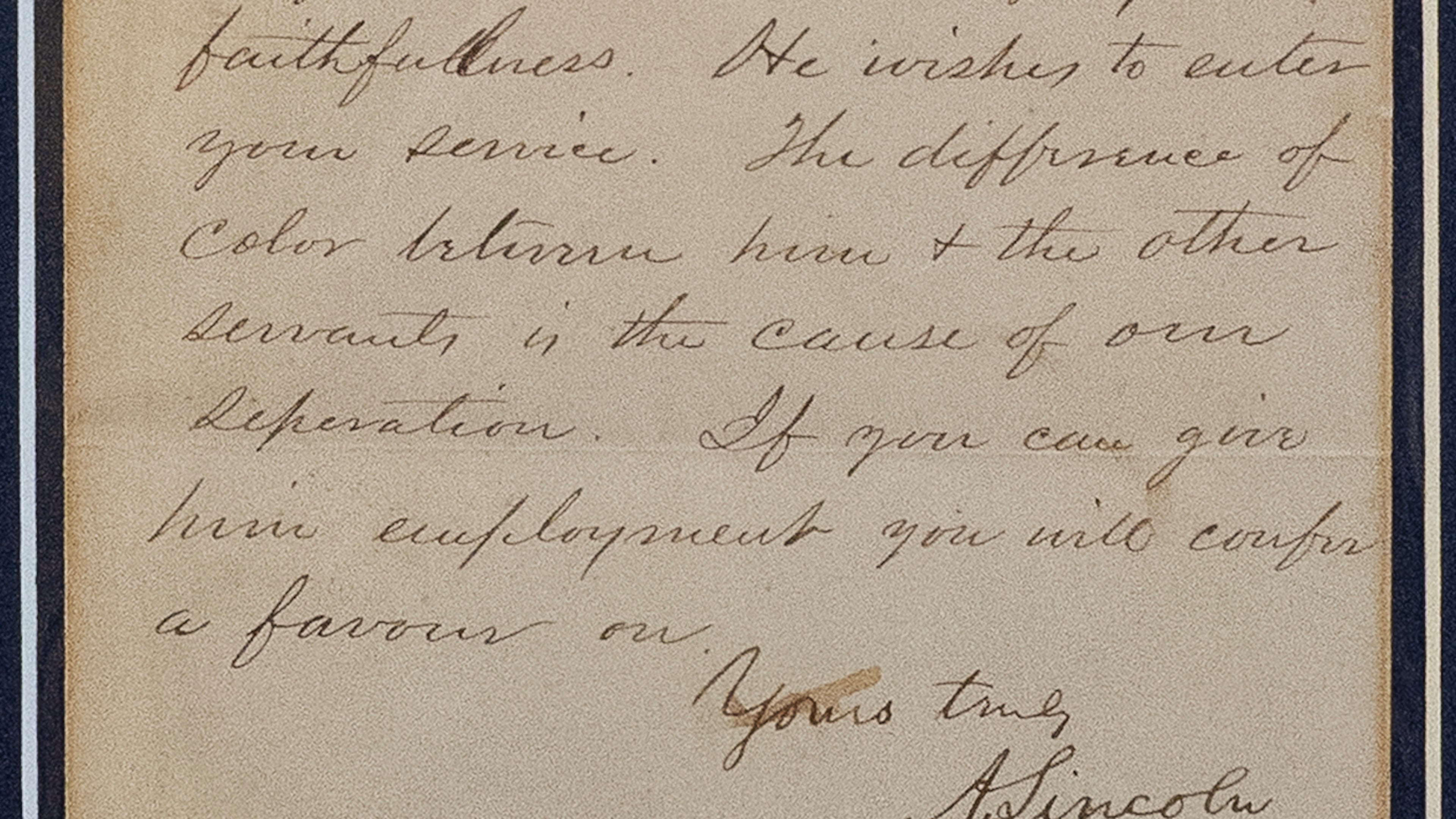 This image provided by the Abraham Lincoln Presidential Library and Museum shows an 1861 job-reference letter written by Abraham Lincoln for his young friend, William Johnson. (Abraham Lincoln Presidential Library and Museum via AP)