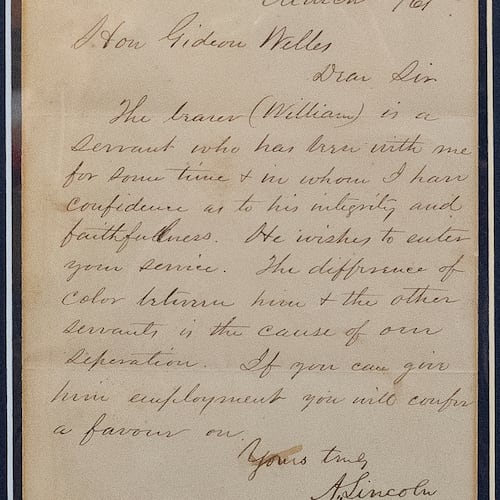 This image provided by the Abraham Lincoln Presidential Library and Museum shows an 1861 job-reference letter written by Abraham Lincoln for his young friend, William Johnson. (Abraham Lincoln Presidential Library and Museum via AP)