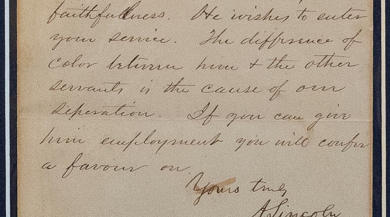 This image provided by the Abraham Lincoln Presidential Library and Museum shows an 1861 job-reference letter written by Abraham Lincoln for his young friend, William Johnson. (Abraham Lincoln Presidential Library and Museum via AP)