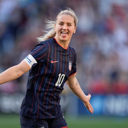 United States midfielder Lindsey Heaps (10) celebrates her goal during the first half of a SheBelieves Cup women's soccer tournament match against Argentina, Sunday, March 1, 2026, in Nashville, Tenn. (AP Photo/George Walker IV)