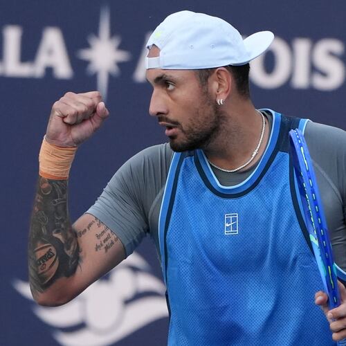 FILE - Nick Kyrgios, of Australia, reacts during his match against Mackenzie McDonald at the Miami Open tennis tournament, Wednesday, March 19, 2025, in Miami Gardens, Fla. (AP Photo/Lynne Sladky, file)