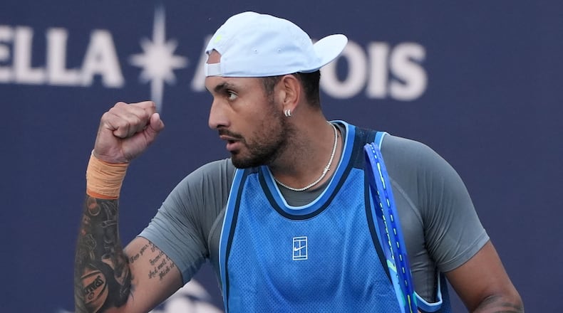 FILE - Nick Kyrgios, of Australia, reacts during his match against Mackenzie McDonald at the Miami Open tennis tournament, Wednesday, March 19, 2025, in Miami Gardens, Fla. (AP Photo/Lynne Sladky, file)