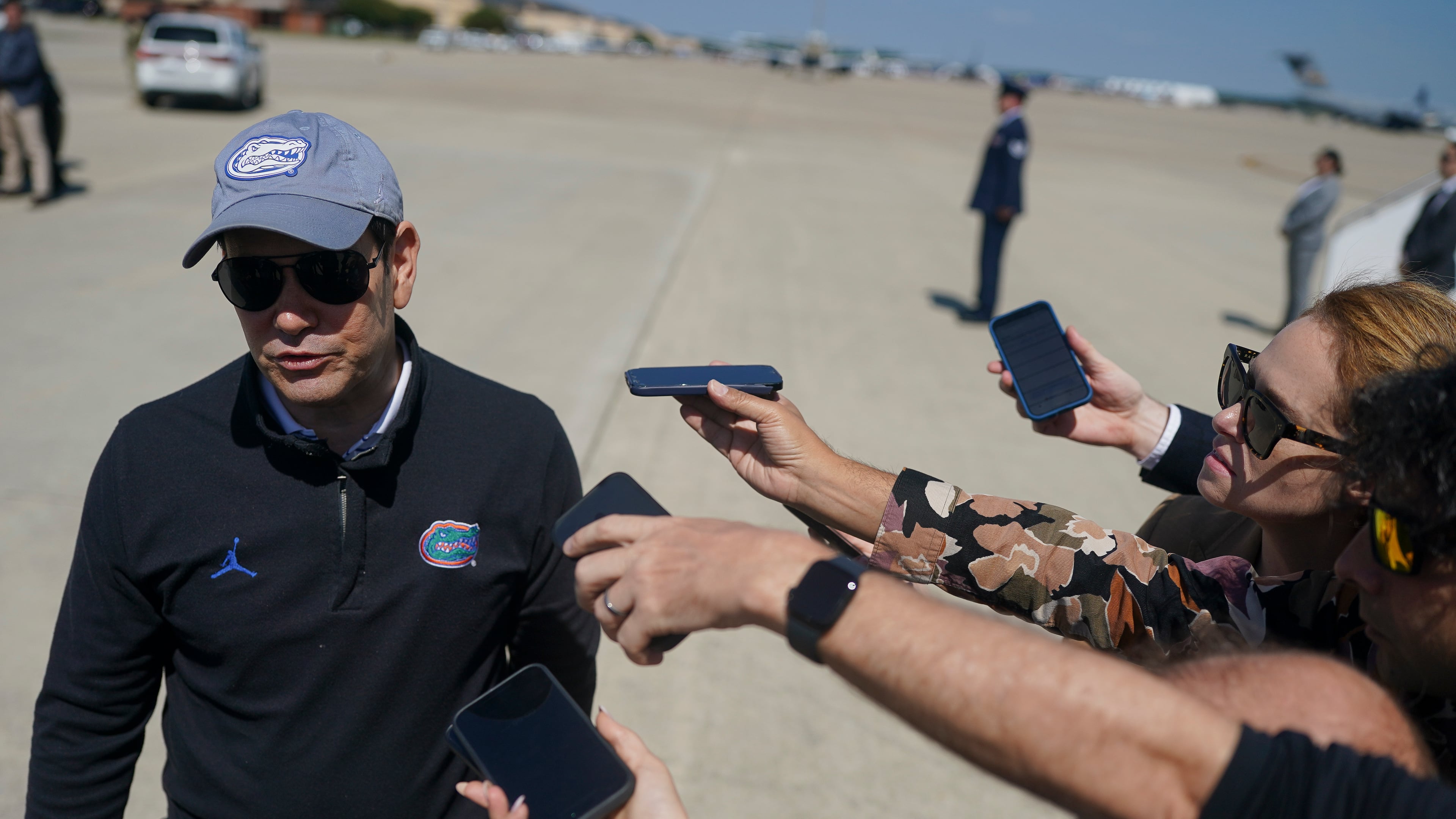 Secretary of State Marco Rubio speaks with members of the media before departing for Israel at Joint Base Andrews, Md., Saturday, Sept. 13, 2025. (Nathan Howard/Pool Photo via AP)