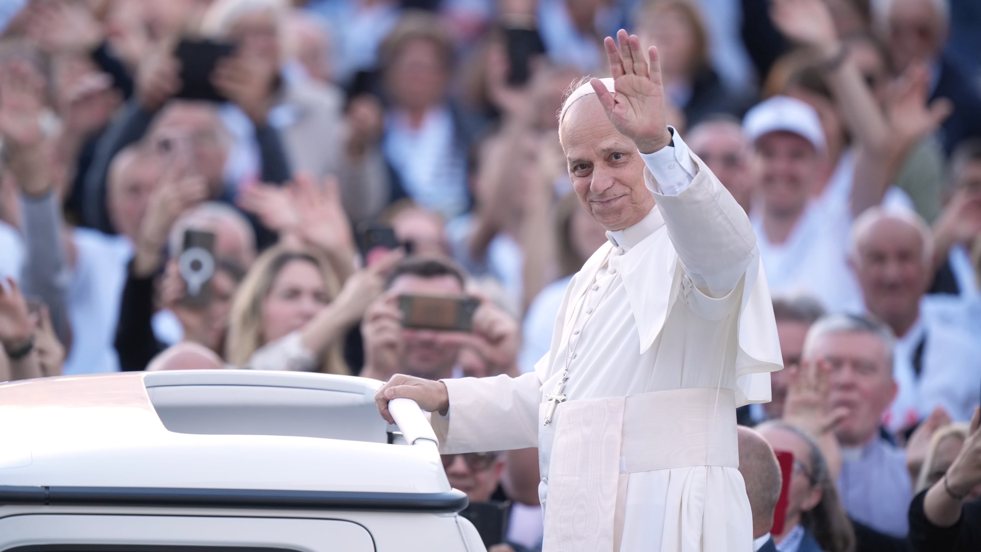 Pope Leo XIV greets pilgrims from Croatia in St. Peter's Square at the Vatican, Tuesday, Oct. 7, 2025. (AP Photo/Andrew Medichini)