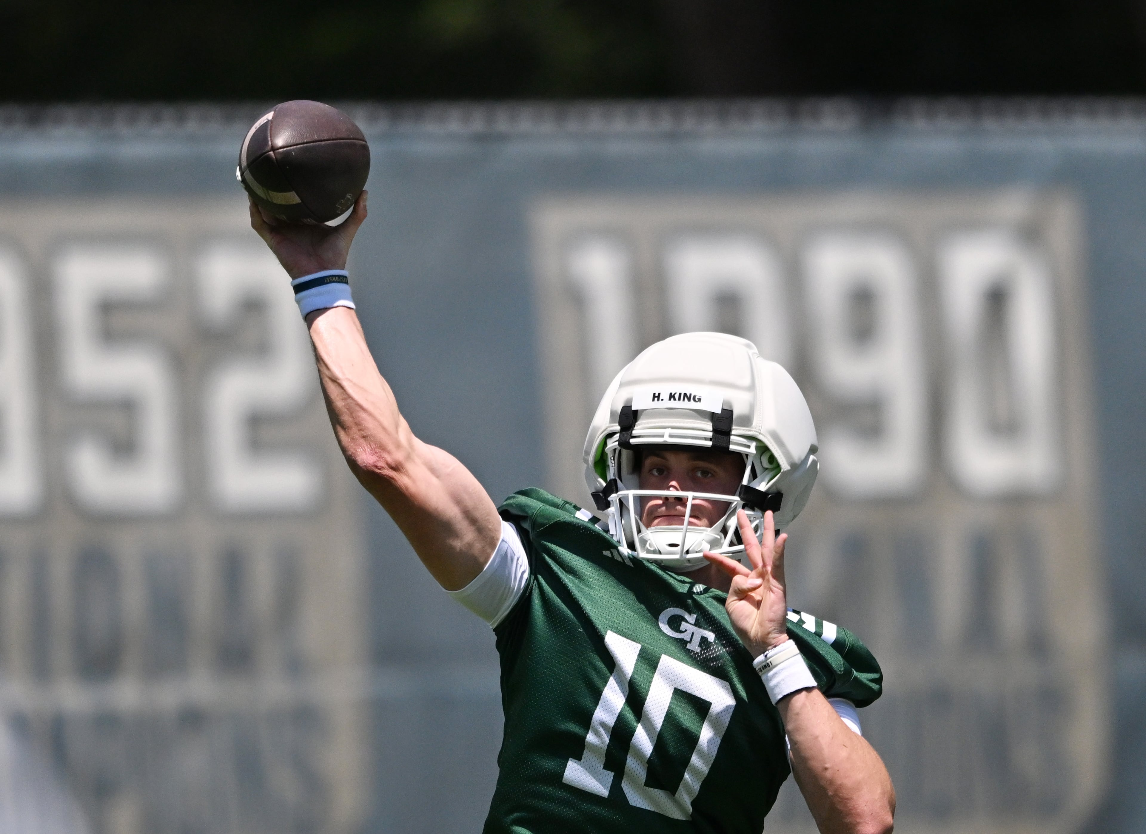 Georgia Tech quarterback Haynes King (10) participates in a drill during the first day of football practice at Rose Bowl Field and the Mary and John Brock Football Practice Facility, Tuesday, July 29, 2025, in Atlanta. (Hyosub Shin / AJC)