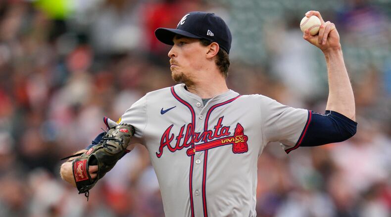 Atlanta Braves starting pitcher Max Fried throws to the Baltimore Orioles during the first inning of a baseball game, Tuesday, June 11, 2024, in Baltimore. (AP Photo/Jess Rapfogel)