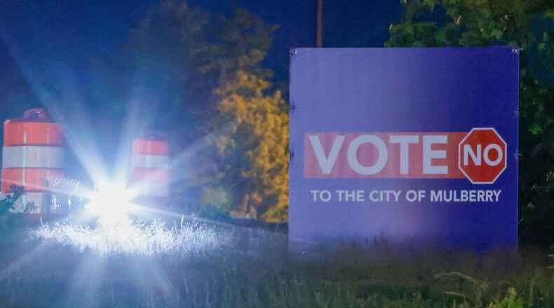 A sign located at the intersection of Pine Road and Braselton Highway in Gwinnett reflects the sentiment of some residents who are against the proposed City of Mulberry in Gwinnett. Monday, April 22, 2024.
(Miguel Martinez / AJC)