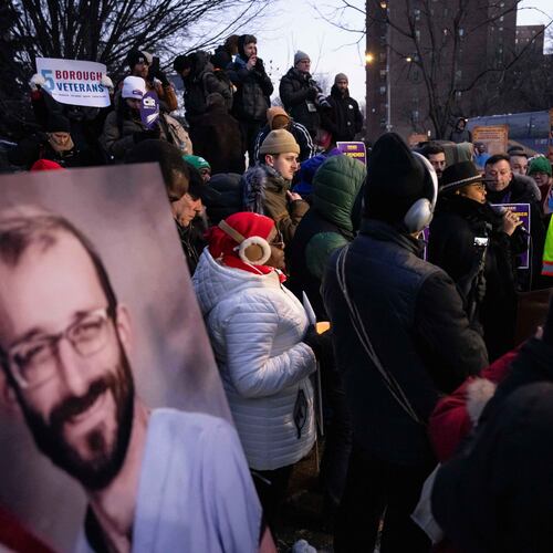A photo of Alex Pretti is displayed during a vigil for Alex Pretti by nurses and their supporters outside VA NY Harbor Healthcare System, Thursday, Jan. 29, 2026, in New York. (AP Photo/Yuki Iwamura)