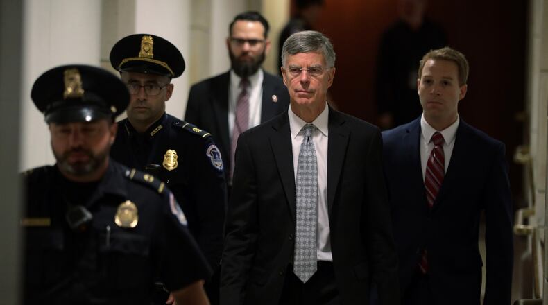 *** BESTPIX *** WASHINGTON, DC - OCTOBER 22: Bill Taylor (C), the top U.S. diplomat to Ukraine, arrives at a closed session before the House Intelligence, Foreign Affairs and Oversight committees October 22, 2019 at the U.S. Capitol in Washington, DC. Taylor was on Capitol Hill to testify to the committees for the ongoing impeachment inquiry against President Donald Trump. (Photo by Alex Wong/Getty Images)