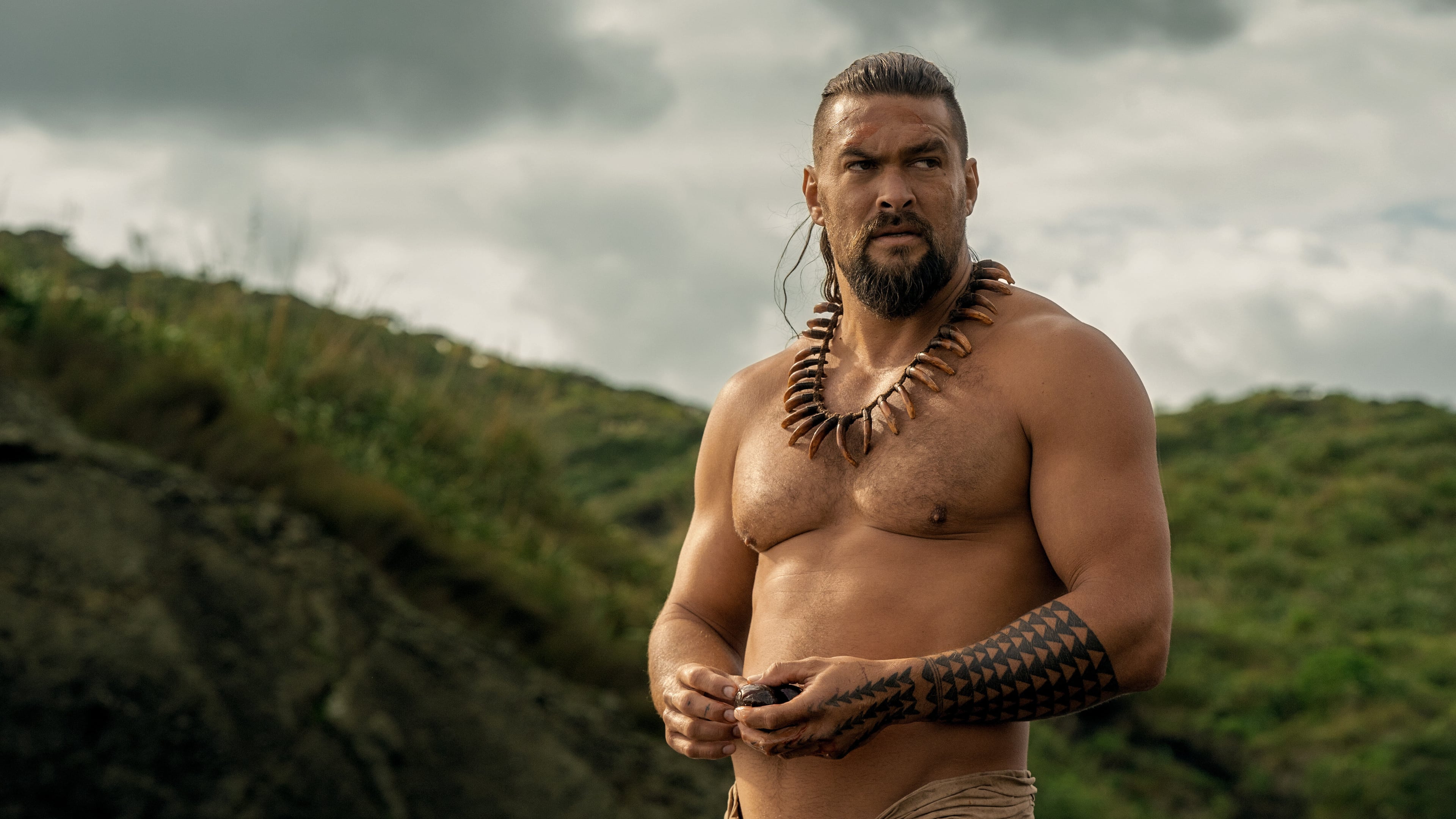 This image released by Apple TV+ shows Jason Momoa in a scene from "Chief of War." (Apple TV+ via AP)