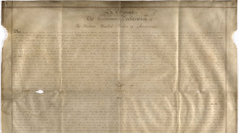 Undated handout photo of a parchment manuscript of the US Declaration of Independence, believed to date from the 1780s and found in a records office in Chichester, southern England. Harvard University researchers say they've discovered a second parchment copy of the Declaration of Independence, The Boston Globe reported Friday, April 21, 2017. (West Sussex Record Office Add Mss 8981 via AP).