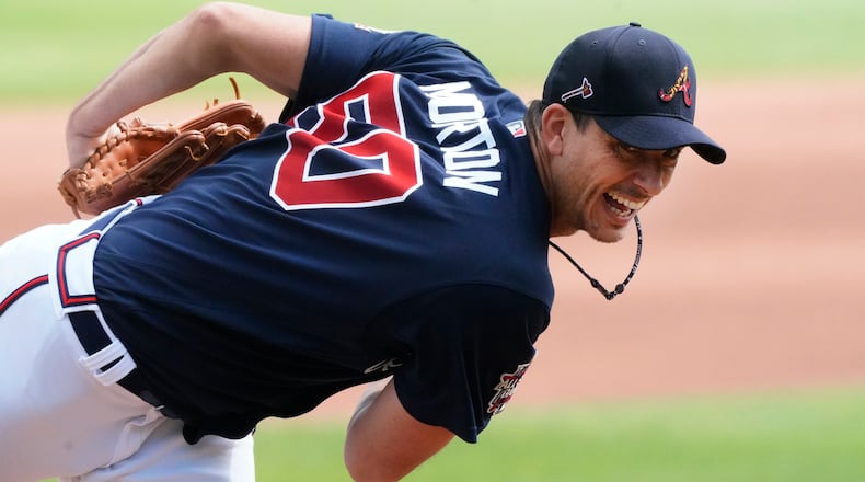 Atlanta Braves starting pitcher Charlie Morton (50) throws a simulated game before a spring training game March 23, 2021, against the Boston Red Sox in North Port, Fla. (John Bazemore/AP)