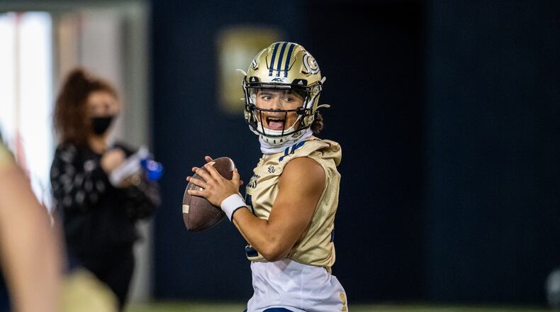 Georgia Tech quarterback Jordan Yates at spring practice March 30, 2021. (Danny Karnik/Georgia Tech Athletics)