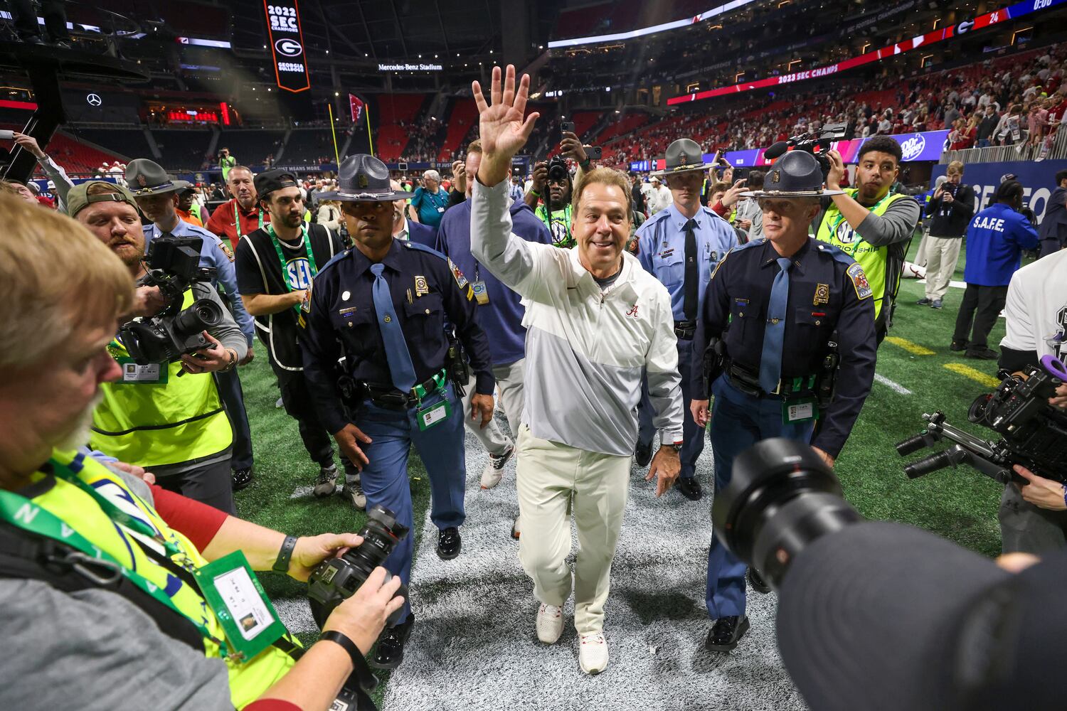 Alabama Crimson Tide head coach Nick Saban walks off the field after defeating the Georgia Bulldogs 27-24 in the SEC Championship football game at the Mercedes-Benz Stadium in Atlanta, on Saturday, December 2, 2023. (Jason Getz / Jason.Getz@ajc.com)