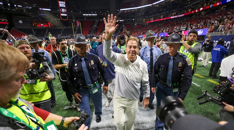 Alabama Crimson Tide head coach Nick Saban walks off the field after defeating the Georgia Bulldogs 27-24 in the SEC Championship football game at the Mercedes-Benz Stadium in Atlanta, on Saturday, December 2, 2023. (Jason Getz / Jason.Getz@ajc.com)