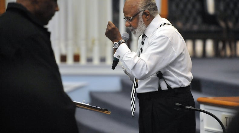 Bishop William Sheals, senior pastor of Hopewell Missionary Baptist Church, speaks during a town hall meeting against gay marriage in Norcross, June 26, 2015.