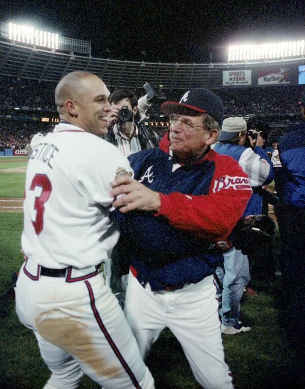 OCTOBER 28, 1995 ATLANTA David Justice and Bobby Cox celebrate winning World Series Game Six, 1995 JONATHAN NEWTON/AJC STAFF