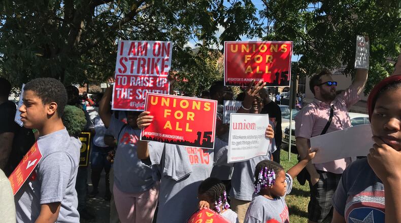Fast-food workers demanding the right to a union at chains such as McDonald’s, Burger King and Wendy’s during a strike in Atlanta on Oct. 4, 2018.
