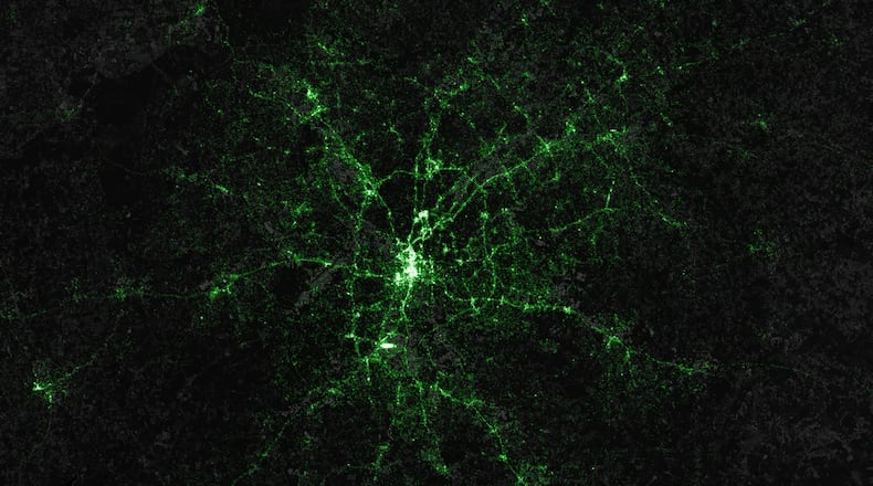 A screenshot of a map created by Eric Fischer, collecting more than six billion geotagged tweets worldwide.