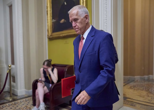 FILE - Sen. Thom Tillis, R-N.C., walks to the chamber as senators arrive for votes and policy meetings, at the Capitol in Washington, June 17, 2025. (AP Photo/J. Scott Applewhite, File)