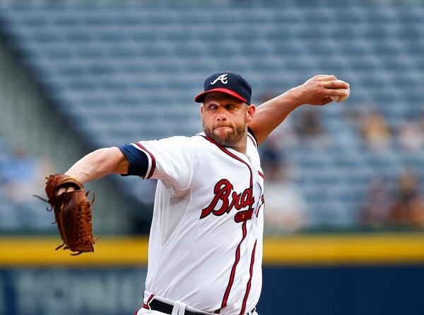 Atlanta Braves starting pitcher Eric Stults (37) works in the second inning of a Major League baseball game against the Miami Marlins Wednesday, April 15, 2015, in Atlanta. Miami won 8-2. (AP Photo/John Bazemore) Eric Stults yielded four runs in five innings Wednesday. (AP Photo/John Bazemore)