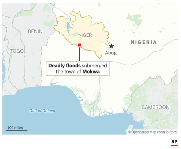 The map above locates Mokwa, Nigeria, where floods have submerged the town and caused at least 100 deaths. (AP Graphic)