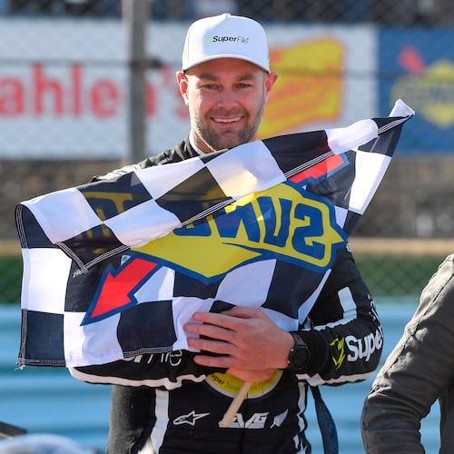 Shane Van Gisbergen celebrates after winning a NASCAR Cup Series auto race, Sunday, May 10, 2026, in Watkins Glen, N.Y. (Photo/Adrian Kraus)