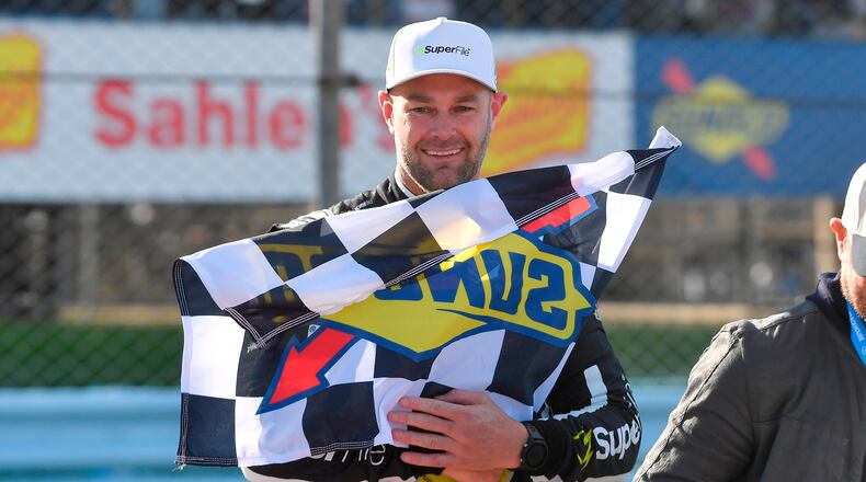 Shane Van Gisbergen celebrates after winning a NASCAR Cup Series auto race, Sunday, May 10, 2026, in Watkins Glen, N.Y. (Photo/Adrian Kraus)