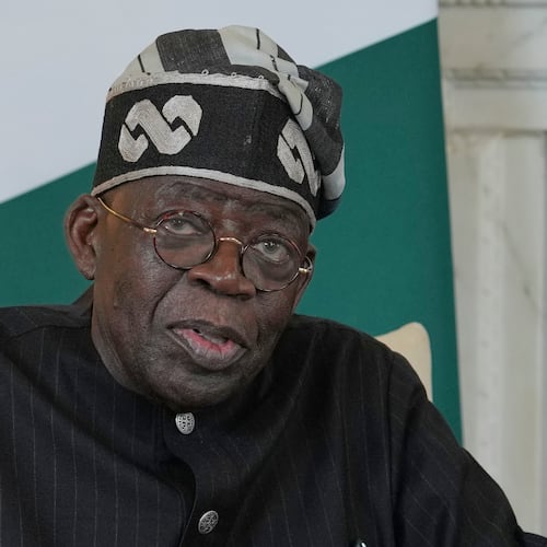 FILE -Nigerian President Bola Tinubu speaks to the media ahead of his meeting with Britain's Prime Minister Keir Starmer inside 10 Downing Street in London, Thursday, March 19, 2026. (AP Photo/Kin Cheung, Pool, File)