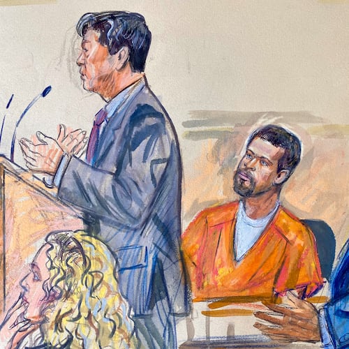 This courtroom sketch depicts Cole Tomas Allen, center, listening as his attorney Eugene Ohm, left, speaks to U.S. Magistrate Judge Zia Faruqui, Monday, May 4, 2026, in Washington, as Tony Towns, the acting general counsel for the District of Columbia Department of Corrections, listens at right. (Dana Verkouteren via AP)