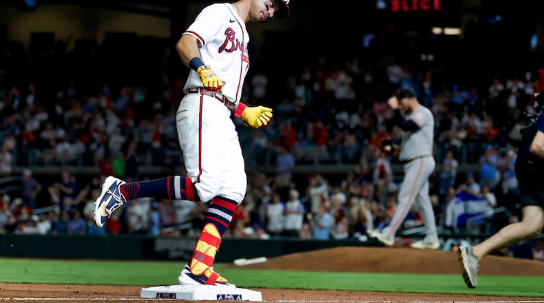Atlanta Braves center fielder Mauricio Dubón rounds the bases after hitting a two-run homer during the ninth inning Wednesday, June 17, 2026. (Erik S. Lesser/AP)