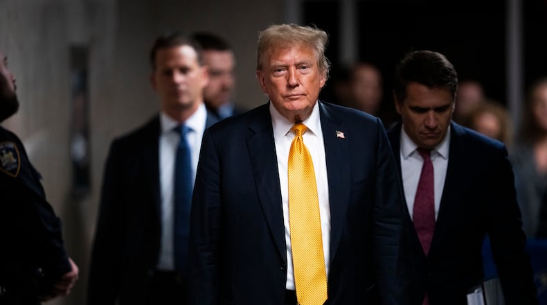 FILE — Former President Donald Trump walks to make remarks to reporters as jurors begin deliberations for his criminal trial at the New York State Supreme Court in Manhattan, May 29, 2024. The Manhattan district attorney’s office on Monday, July 1, is expected to make its recommendation to a judge on whether to imprison Trump for his recent felony conviction, a crucial step in the first criminal sentencing of an American president. (Doug Mills/The New York Times)