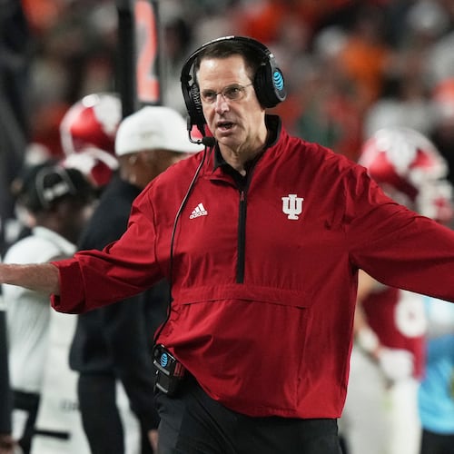 FILE - Indiana head coach Curt Cignetti reacts during the second half of the College Football Playoff national championship game against Miami, Jan. 19, 2026, in Miami Gardens, Fla. (AP Photo/Marta Lavandier)