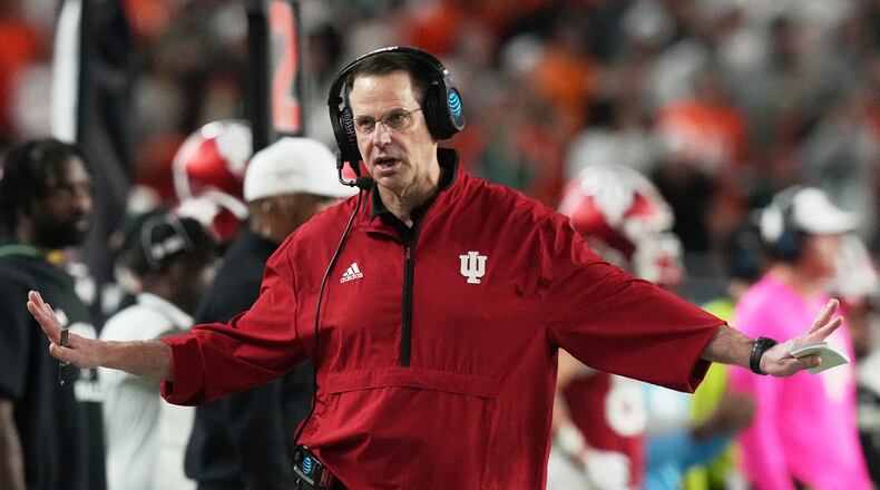 FILE - Indiana head coach Curt Cignetti reacts during the second half of the College Football Playoff national championship game against Miami, Jan. 19, 2026, in Miami Gardens, Fla. (AP Photo/Marta Lavandier)