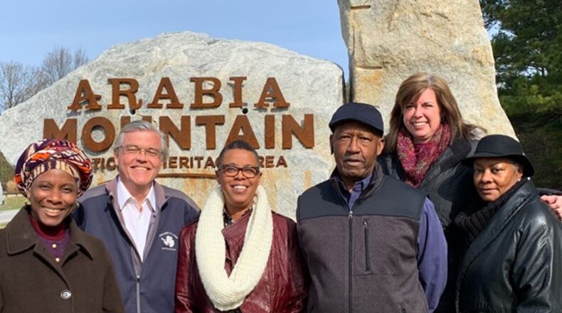 Revonda Cosby (third from left), the incoming Executive Director of the Arabia Mountain Heritage Area Alliance with members of the Board search committee and outgoing Executive Director Mera Cardenas (second from right).