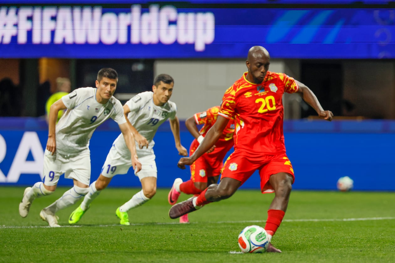 Congo forward Yoane Wissa scores on a penalty kick against Uzbekistan during the second half of a FIFA World Cup match at Atlanta Stadium (Mercedes-Benz Stadium) on Saturday, June 27, 2026, in Atlanta. (Miguel Martinez/AJC)