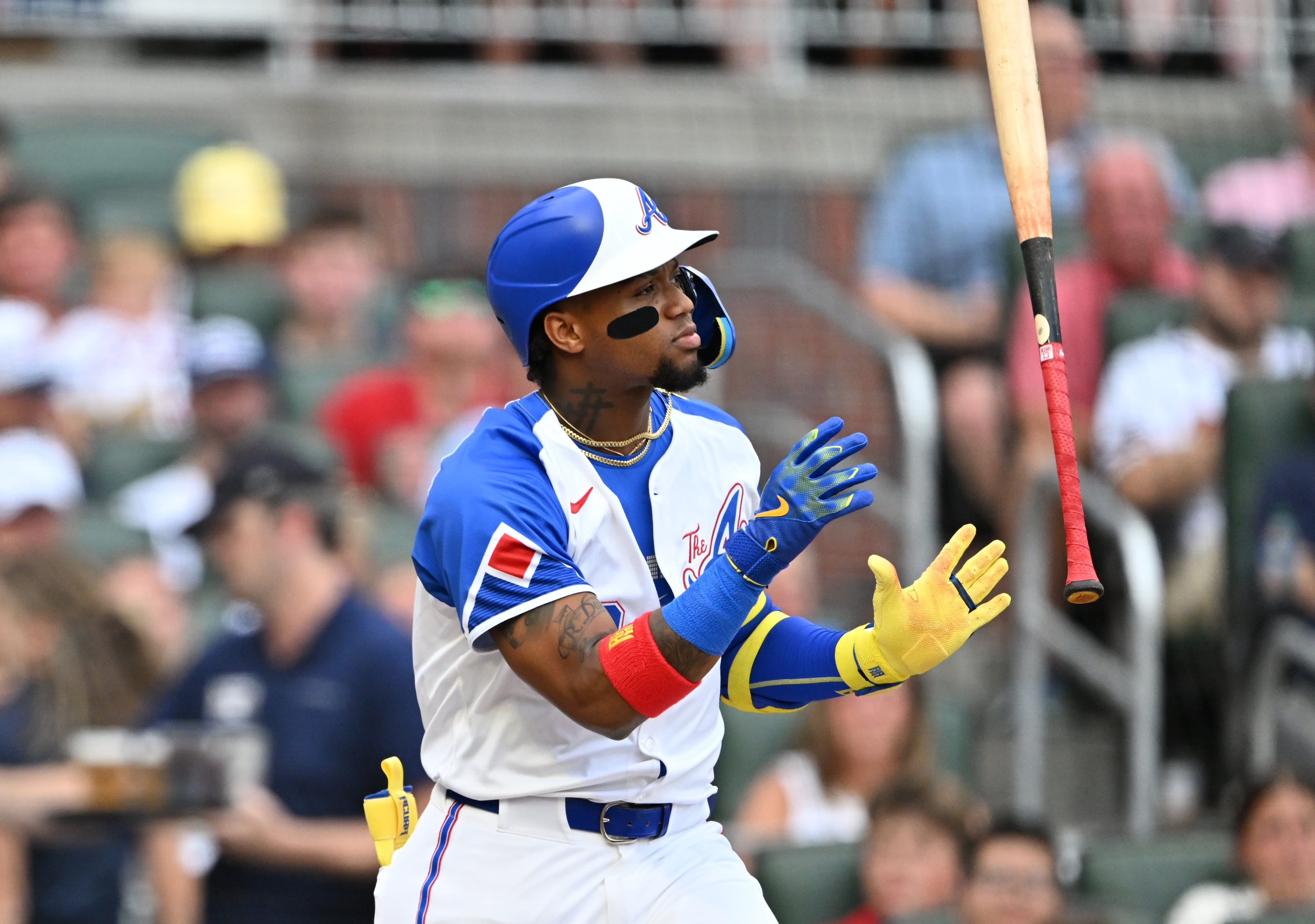 Atlanta Braves outfielder Ronald Acuña Jr. (13) reacts after striking out to end the first inning of a baseball game at Truist Park, Saturday, July 19, 2025, in Atlanta. (Hyosub Shin / AJC)