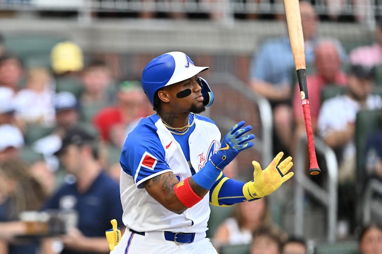 Atlanta Braves outfielder Ronald Acuña Jr. (13) reacts after striking out to end the first inning of a baseball game at Truist Park, Saturday, July 19, 2025, in Atlanta. (Hyosub Shin / AJC)