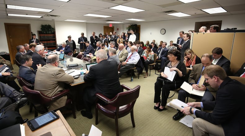 The committee room is full as Rep. Jay Powell presents a bill to increase rural internet access to a subcommittee at the Georgia Capitol on Feb. 21, 2018. PHOTO / JASON GETZ