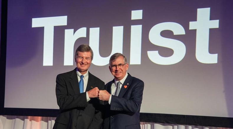 Kelly King, left, is chairman and CEO of BB&T and will retain those titles after the merger to become Truist. Bill Rogers, right, chairman and CEO of SunTrust, will be president and chief operating officer of Truist. Photo: Truist