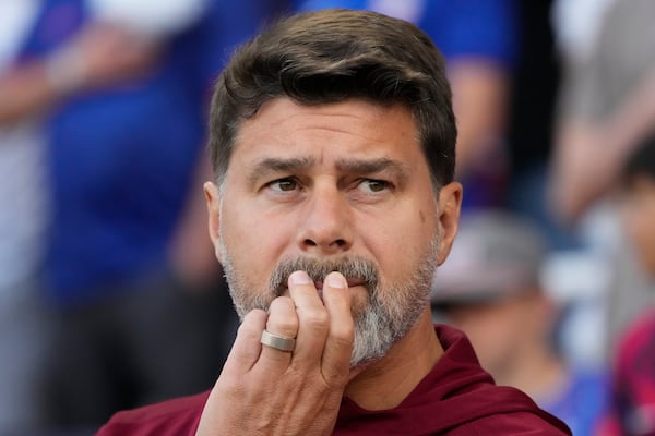 United States head coach Mauricio Pochettino looks onto the field during the first half of an international friendly soccer match against Switzerland, Tuesday, June 10, 2025, in Nashville, Tenn. (AP Photo/George Walker IV)