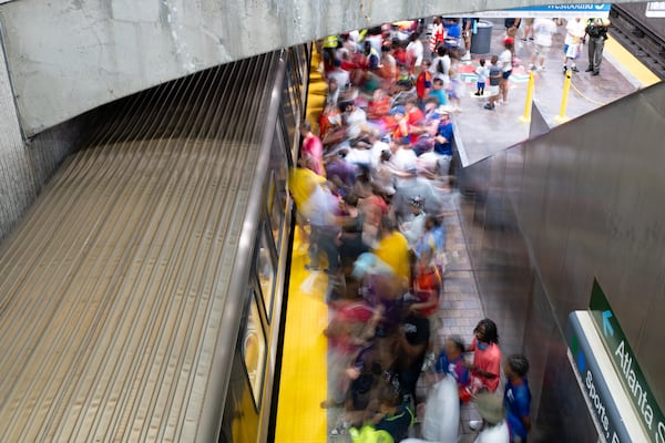 Fans flood MARTA's SEC District station following the World Cup game in Atlanta on Monday, June 15, 2026. (Ben Gray for the AJC)