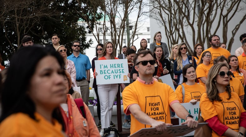 Supporters of in vitro fertilization rally in Alabama in February 2024 after the Alabama Supreme Court ruled that embryos were to be considered children under the law. (Charity Rachelle/The New York Times 2024)