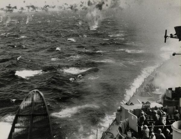 This image provided by the National Archives, shows anti-aircraft fire as a Japanese Zero fighter plane heads towards the USS Missouri that was operating off Okinawa, Japan, on April 11, 1945. (U.S. National Archives photo no. 80-G-315812 via AP)