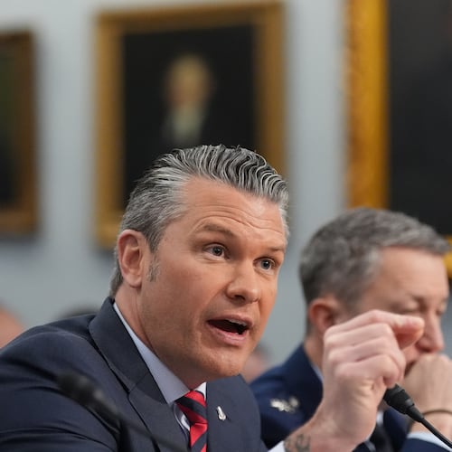 Defense Secretary Pete Hegseth testifies at a House Appropriations subcommittee budget hearing for the Department of Defense, Tuesday, May 12, 2026, in Washington, as Chairman of the Joint Chiefs of Staff Gen. Dan Caine listens. (AP Photo/Alex Brandon)